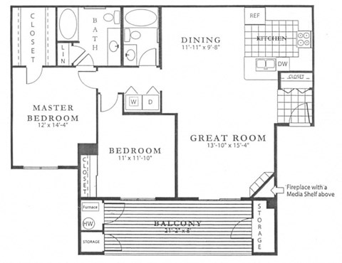 The Ellerton Plan; A two bedroom, two bathroom apartment floor plan at Fox Run Lofts in Englewood, Colorado